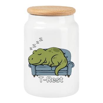 T-Rest Dino dort sur le canapé - Boîte à biscuits avec couvercle en bois - blanc - Devant