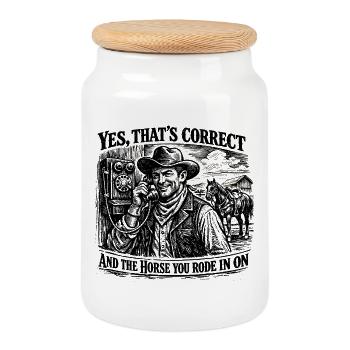 Western Humor: Vintage Cowboy Replica - Cookie Jar with Wooden Lid - white - Front