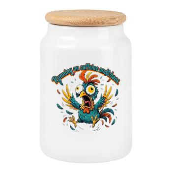 Kaffee und Chaos Hahn-Design - Keksdose mit Holzdeckel - Weiß - Vorne