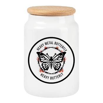Papillon à design de crâne de papillon en métal lourd - Boîte à biscuits avec couvercle en bois - blanc - Devant