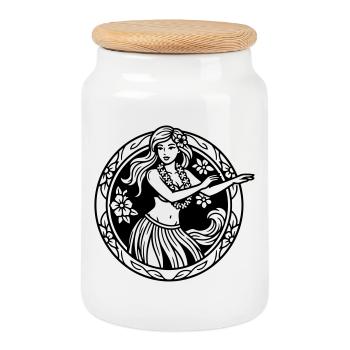 hula girl - Cookie Jar with Wooden Lid - white - Front