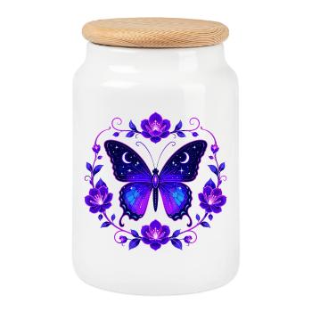 Papillon Étoile de la Nuit dans le Cercle de Fleurs - Boîte à biscuits avec couvercle en bois - blanc - Devant