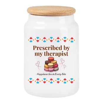 Therapist Approved Macaron Quote - Cookie Jar with Wooden Lid - white - Front