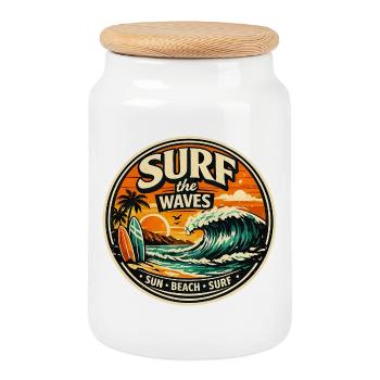 Surfer les vagues - Boîte à biscuits avec couvercle en bois - blanc - Devant