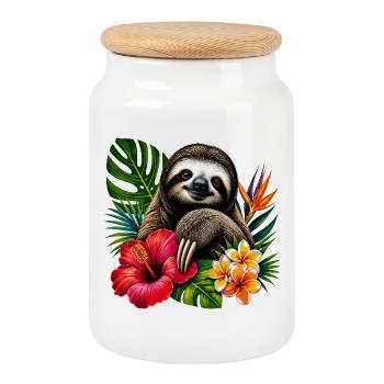Paresseux tropical en pleine frénésie florale - Boîte à biscuits avec couvercle en bois - blanc - Devant