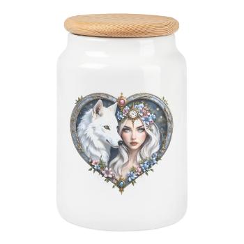 Floral Wolf Woman in Heart - Cookie Jar with Wooden Lid - white - Front