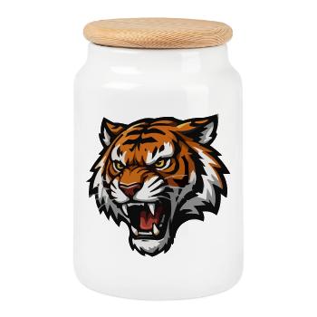 Wilder Tiger Köpfe Grafik - Keksdose mit Holzdeckel - Weiß - Vorne