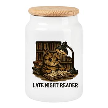 Chat lit de nuit sur l’étagère - Boîte à biscuits avec couvercle en bois - blanc - Devant