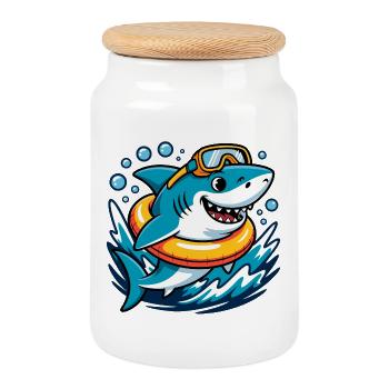 Funny shark with swimming ring - Cookie Jar with Wooden Lid - white - Front