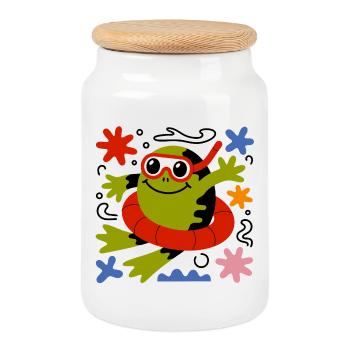 Cartoon Frog Diver - Cookie Jar with Wooden Lid - white - Front