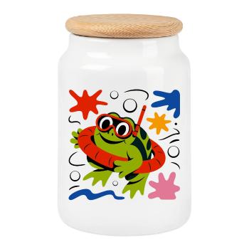 Frog with diving goggles - Cookie Jar with Wooden Lid - white - Front