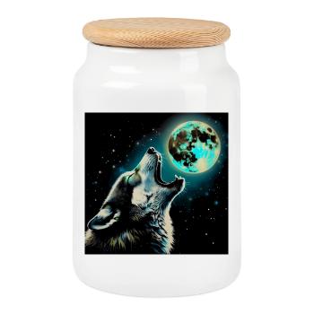 Le loup hurle à la pleine lune - Boîte à biscuits avec couvercle en bois - blanc - Devant