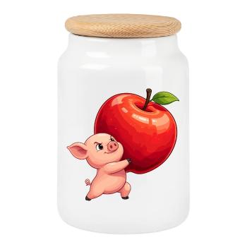 Apple Pig Cartoon - Cookie Jar with Wooden Lid - white - Front