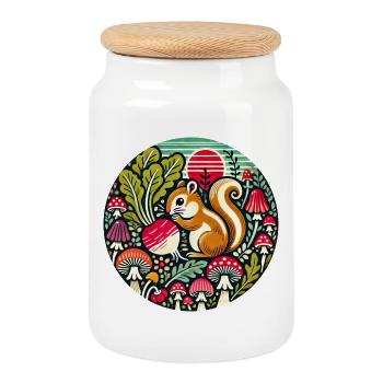 Écureuil fantaisiste parmi les champignons - Boîte à biscuits avec couvercle en bois - blanc - Devant