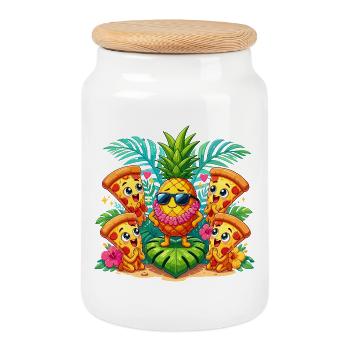 Fête Kawaii Ananas avec des amis de pizza - Boîte à biscuits avec couvercle en bois - blanc - Devant