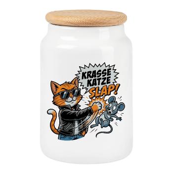 Krasse Katze Cat Slap Katzenohrfeige Maus Comic - Keksdose mit Holzdeckel - Weiß - Vorne