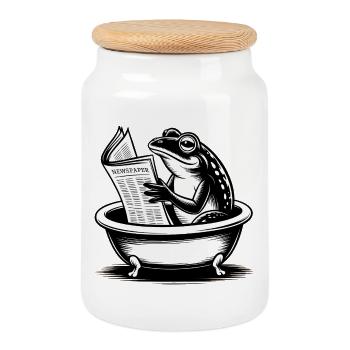 Frog in the bathroom reading newspaper - Cookie Jar with Wooden Lid - white - Front