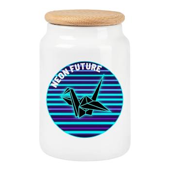 Origami Crane (Cyberpunk néon rétro) - Boîte à biscuits avec couvercle en bois - blanc - Devant