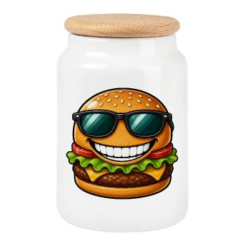 Cool cheeseburger with sunglasses summer - Cookie Jar with Wooden Lid - white - Front