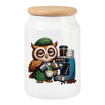 Coffee Art Owl Barista - Cookie Jar with Wooden Lid - white - Front