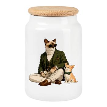 Chats élégants et chihuahua dans le style gentleman - Boîte à biscuits avec couvercle en bois - blanc - Devant