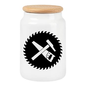 Carpenter Saw Blade Tool Logo - Cookie Jar with Wooden Lid - white - Front