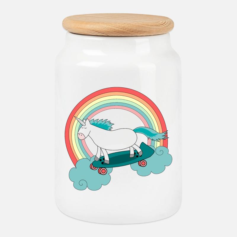 Einhorn Skateboard Longboard Regenbogen - Keksdose mit Holzdeckel - Weiß