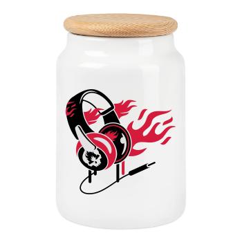 Headphones and flames - Cookie Jar with Wooden Lid - white - Front