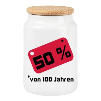 50% ... 100 years - Cookie Jar with Wooden Lid - white - Front