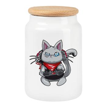 Cat with headphones - playing cat - gamer cat - Cookie Jar with Wooden Lid - white - Front