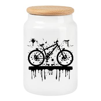 Mountain biking with speckles and drops, Cycling - Cookie Jar with Wooden Lid - white - Front