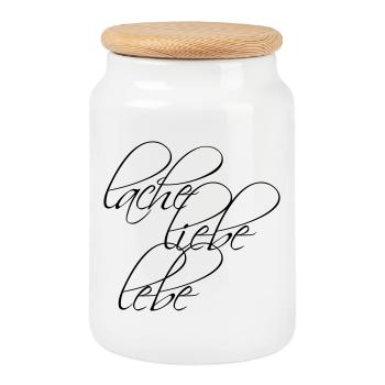 Design: Lache Liebe Lebe - Keksdose mit Holzdeckel - Weiß - Vorne