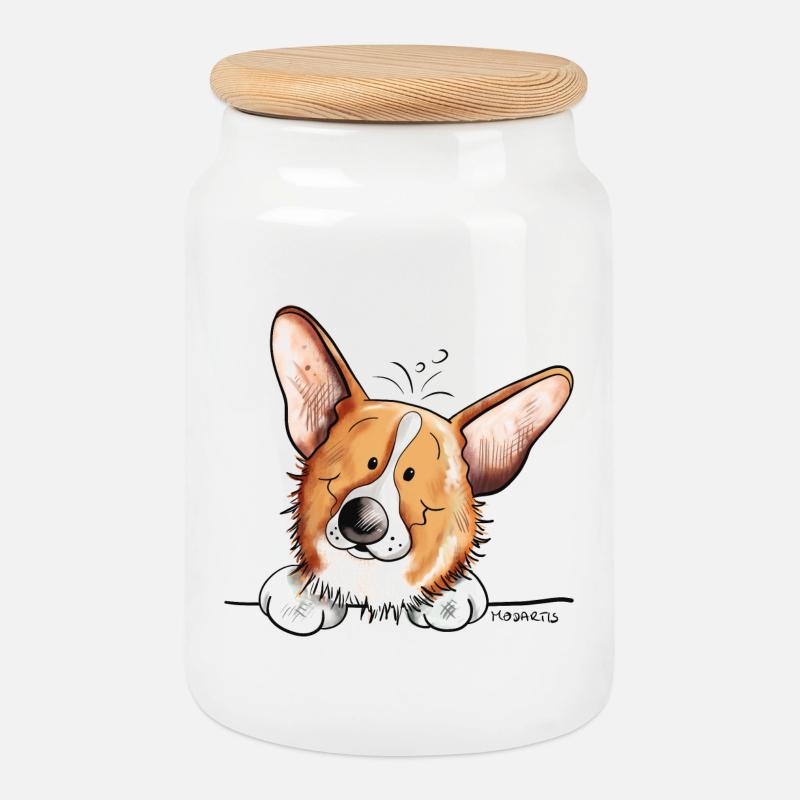 Knuffiger Welsh Corgi Cardigan - Keksdose mit Holzdeckel - Weiß