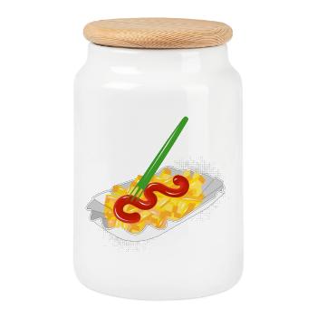 Frites avec du ketchup dans un bol et une fourchette en carton - Boîte à biscuits avec couvercle en bois - blanc - Devant