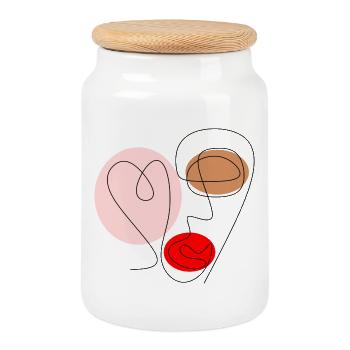 Line drawing face - Cookie Jar with Wooden Lid - white - Front