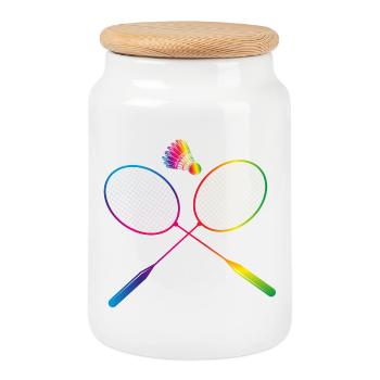 bunter Badminton Federball mit Federballschläger - Keksdose mit Holzdeckel - Weiß - Vorne