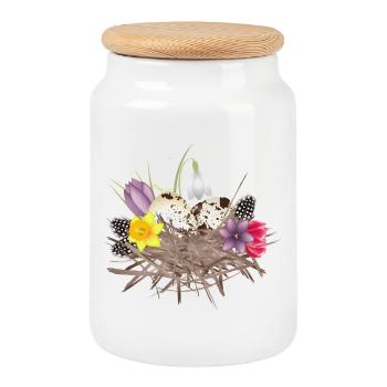 Nid de printemps avec des œufs, des plumes et des fleurs de printemps - Boîte à biscuits avec couvercle en bois - blanc - Devant