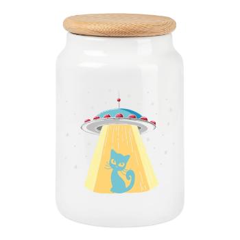 Humorous UFO cat print - Cookie Jar with Wooden Lid - white - Front