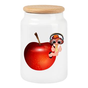 petit ver de terre comme hip hopper dans une pomme rouge - Boîte à biscuits avec couvercle en bois - blanc - Devant