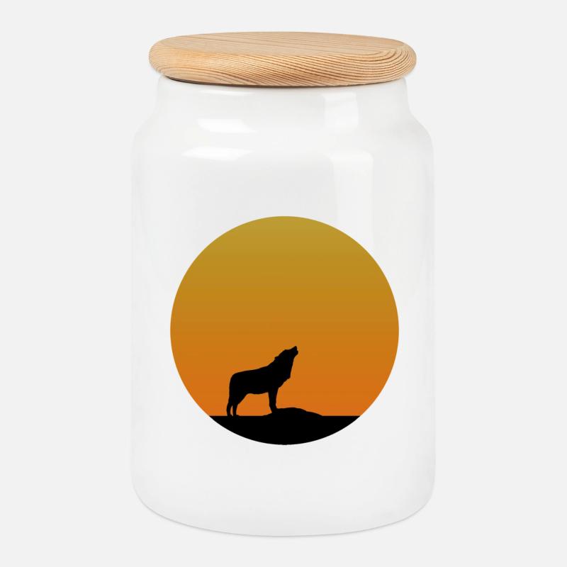Wolf Sunrise - Keksdose mit Holzdeckel - Weiß