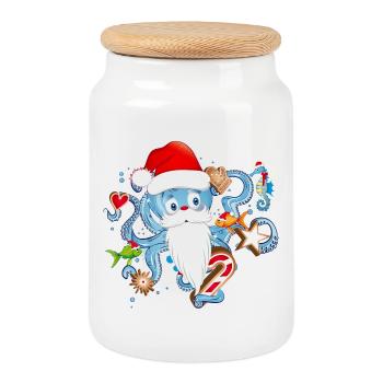 Oktopus als Santa Claus mitWeihnachtsmann Mütze - Keksdose mit Holzdeckel - Weiß - Vorne