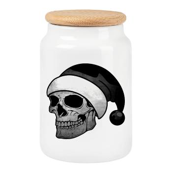 Skull Man Christmas Cap noir blanc - Boîte à biscuits avec couvercle en bois - blanc - Devant
