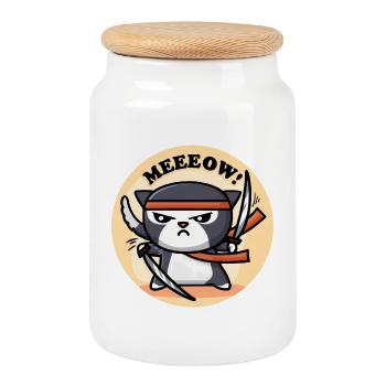 Mignon Chat Ninja - Boîte à biscuits avec couvercle en bois - blanc - Devant