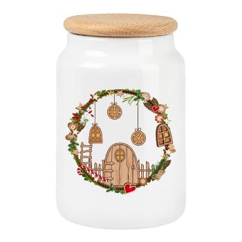 Gnome door in the Christmas wreath for Christmas - Cookie Jar with Wooden Lid - white - Front
