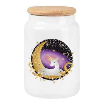 Croissant avec licorne imaginative dans l’univers - Boîte à biscuits avec couvercle en bois - blanc - Devant