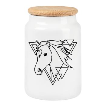 Horse in Geometric Shape - Line Art Design - Cookie Jar with Wooden Lid - white - Front