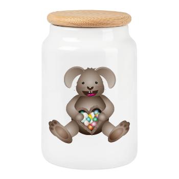 Lapin de Pâques avec cœur et nid de Pâques plein d’œufs de Pâques - Boîte à biscuits avec couvercle en bois - blanc - Devant