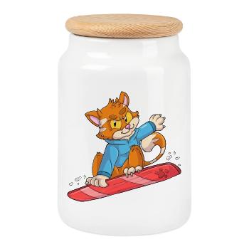 Snowboarder Cat - Boîte à biscuits avec couvercle en bois - blanc - Devant