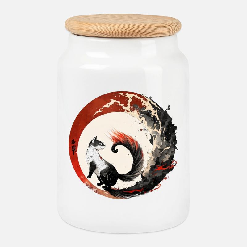 Katze Japanischer Stil - Keksdose mit Holzdeckel - Weiß
