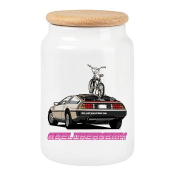 Delorean 80s Oldschool BMX Car mit Tour - Keksdose mit Holzdeckel - Weiß - Vorne